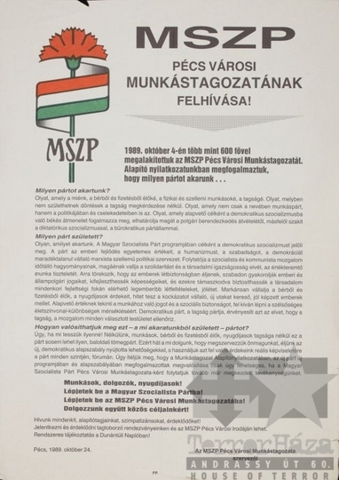 THM-PLA-2017.1.26 - MSZP flyer, 1990