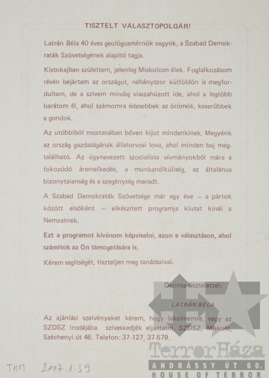THM-PLA-2017.1.39b - SZDSZ election flyer, 1990