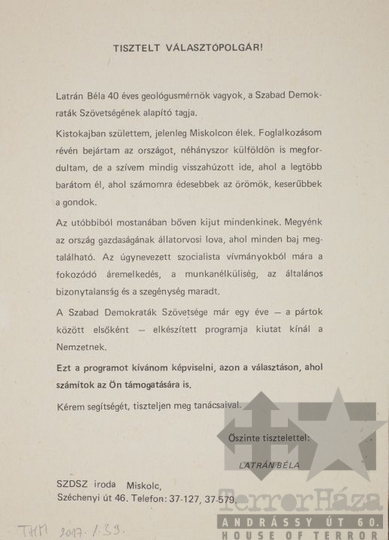 THM-PLA-2017.1.39d - SZDSZ election flyer, 1990