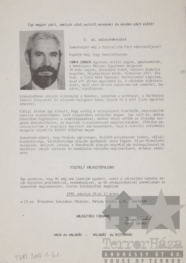 THM-PLA-2017.1.41b - MSZP election flyer, 1990