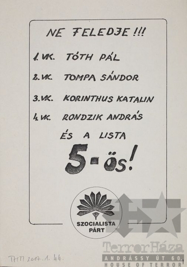 THM-PLA-2017.1.44b - MSZP election flyer, 1990