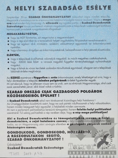 THM-PLA-2017.1.47b - SZDSZ election flyer, 1990