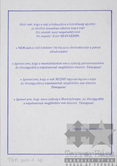 THM-PLA-2017.1.48b - MSZP election flyer, 1990