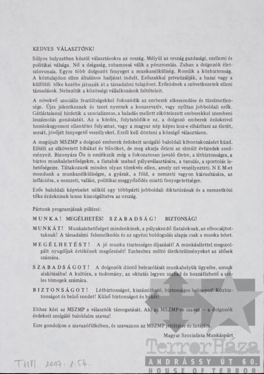 THM-PLA-2017.1.54b - MSZMP election flyer, 1990
