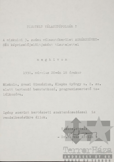 THM-PLA-2017.1.56.1 - Agrárszövetség election flyer, 1990