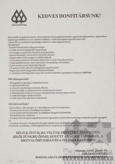 THM-PLA-2017.1.56.2b - Agrárszövetség election flyer, 1990