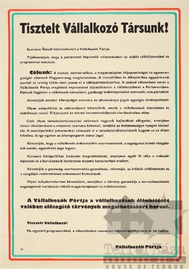 THM-PLA-2019.15.3 - Vállalkozók Pártja election poster, 1990